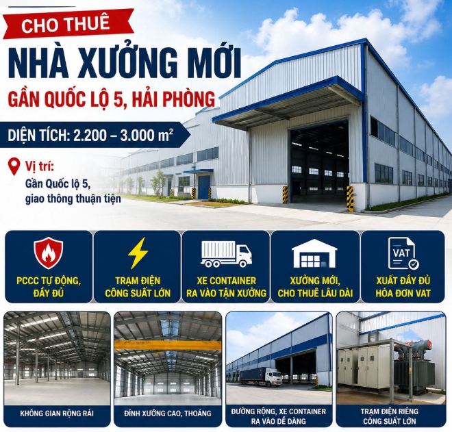 Chỉ với 75.000 đồng/m2/tháng CĐT đã thuê được nhà xưởng mới ngay gần Quốc lộ 5, Hải Phòng
